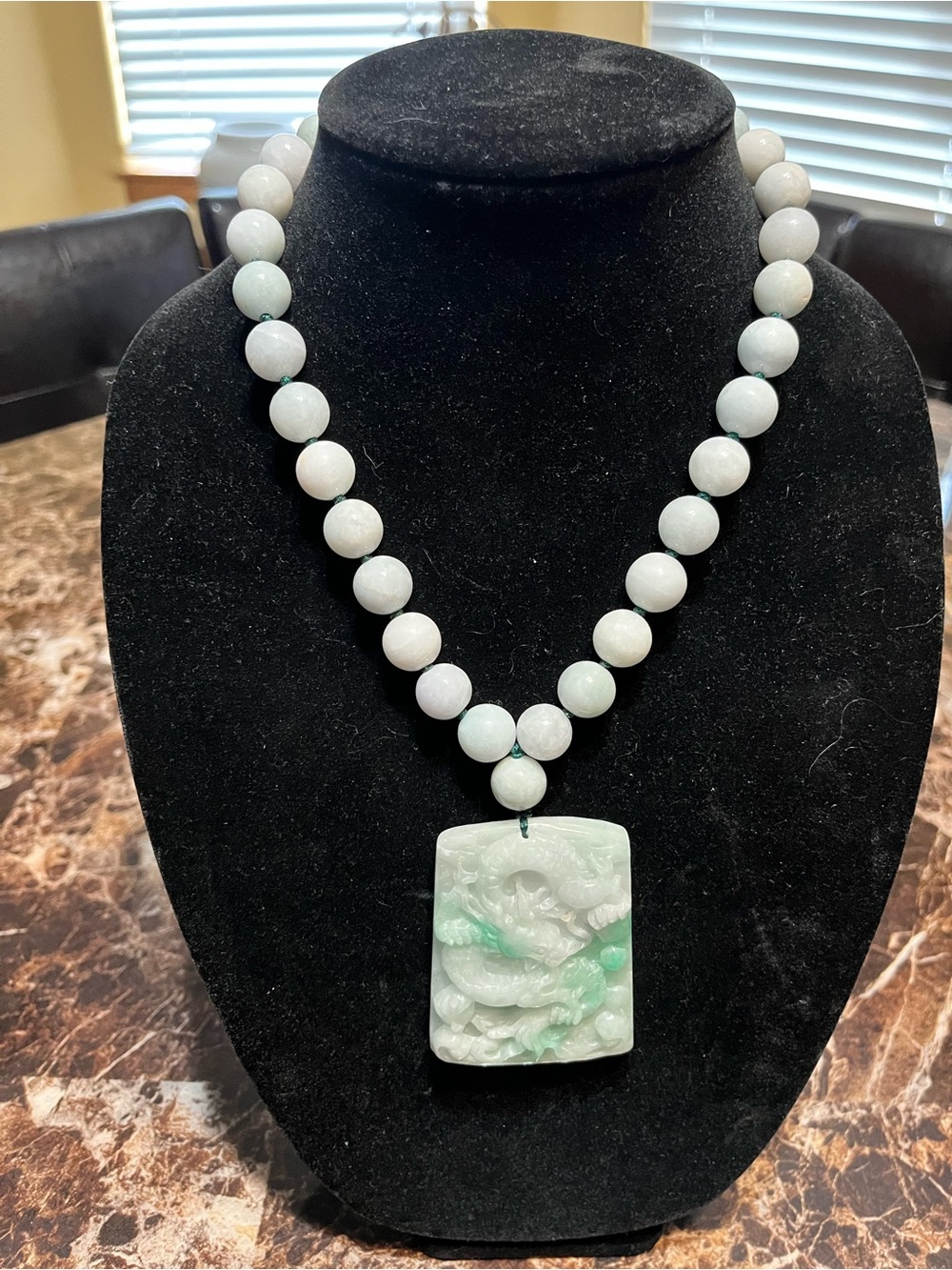 Carved Green and White Jade Bead Necklace with Pendant